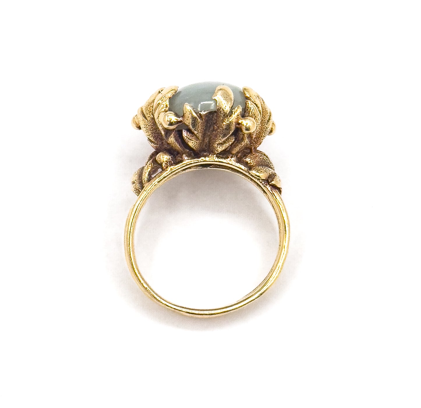 Vintage Jade Cabochon Cocktail Ring with Leaf Details in 14K Gold