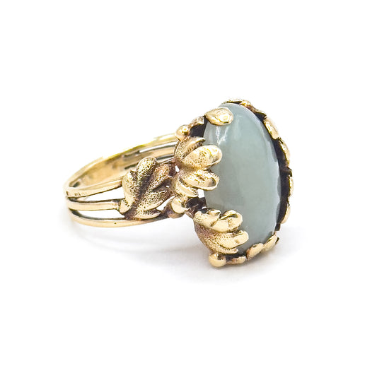 Vintage Jade Cabochon Cocktail Ring with Leaf Details in 14K Gold