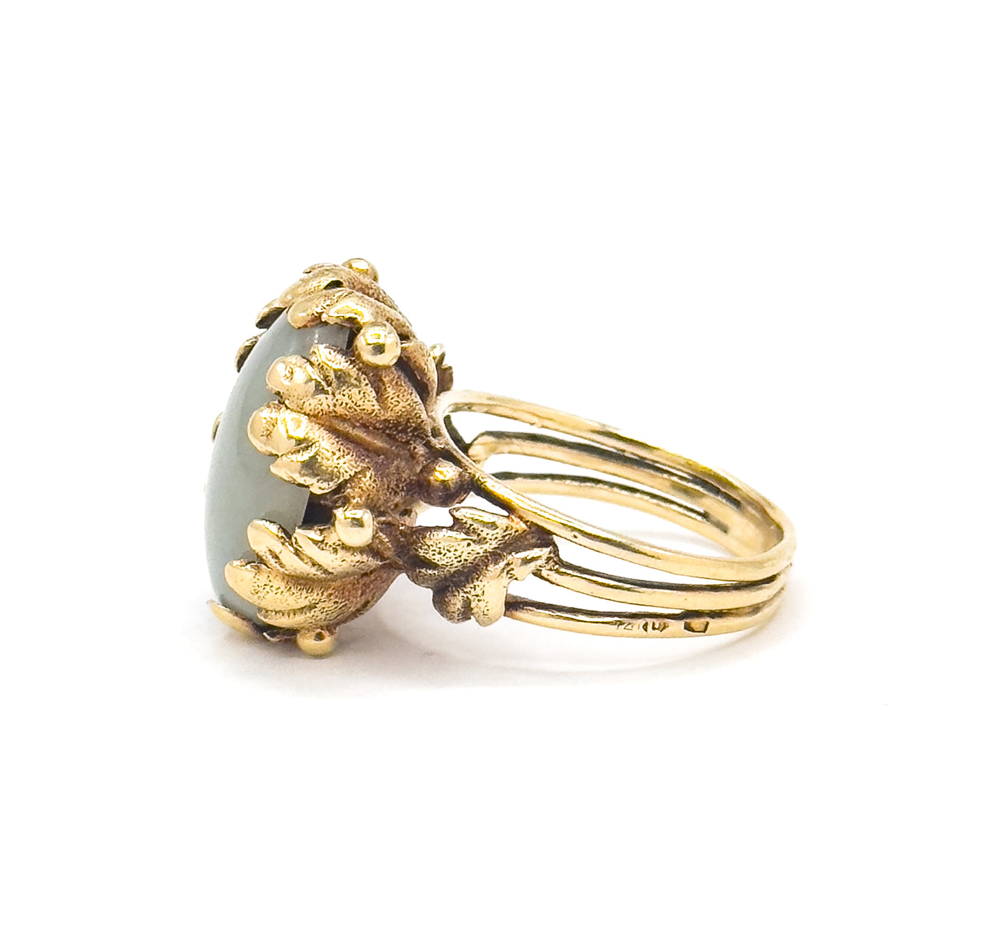 Vintage Jade Cabochon Cocktail Ring with Leaf Details in 14K Gold