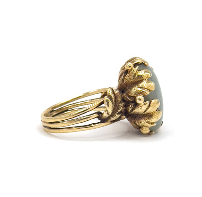 Vintage Jade Cabochon Cocktail Ring with Leaf Details in 14K Gold