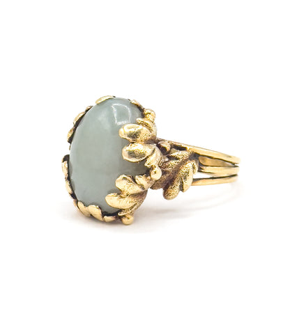Vintage Jade Cabochon Cocktail Ring with Leaf Details in 14K Gold