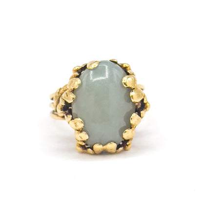 Vintage Jade Cabochon Cocktail Ring with Leaf Details in 14K Gold