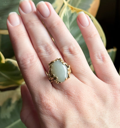 Vintage Jade Cabochon Cocktail Ring with Leaf Details in 14K Gold