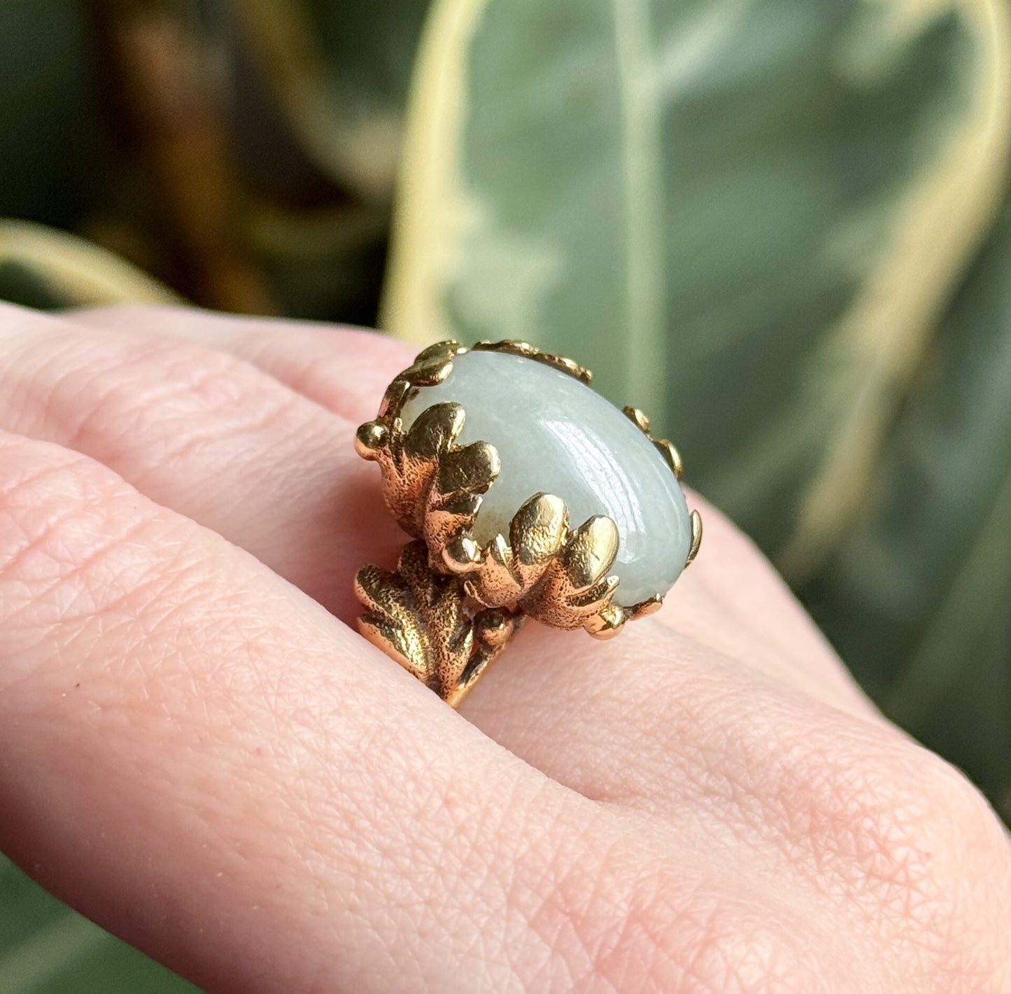 Vintage Jade Cabochon Cocktail Ring with Leaf Details in 14K Gold