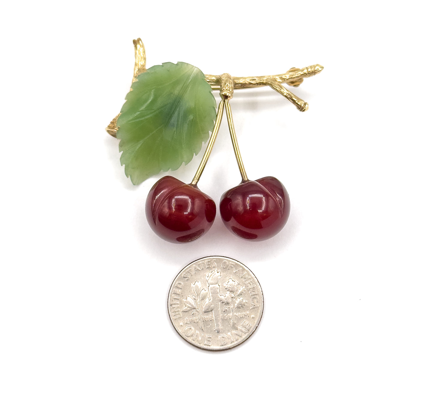 Vintage Agate & Nephrite Cherries Brooch in 10K Gold