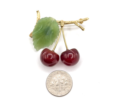 Vintage Agate & Nephrite Cherries Brooch in 10K Gold