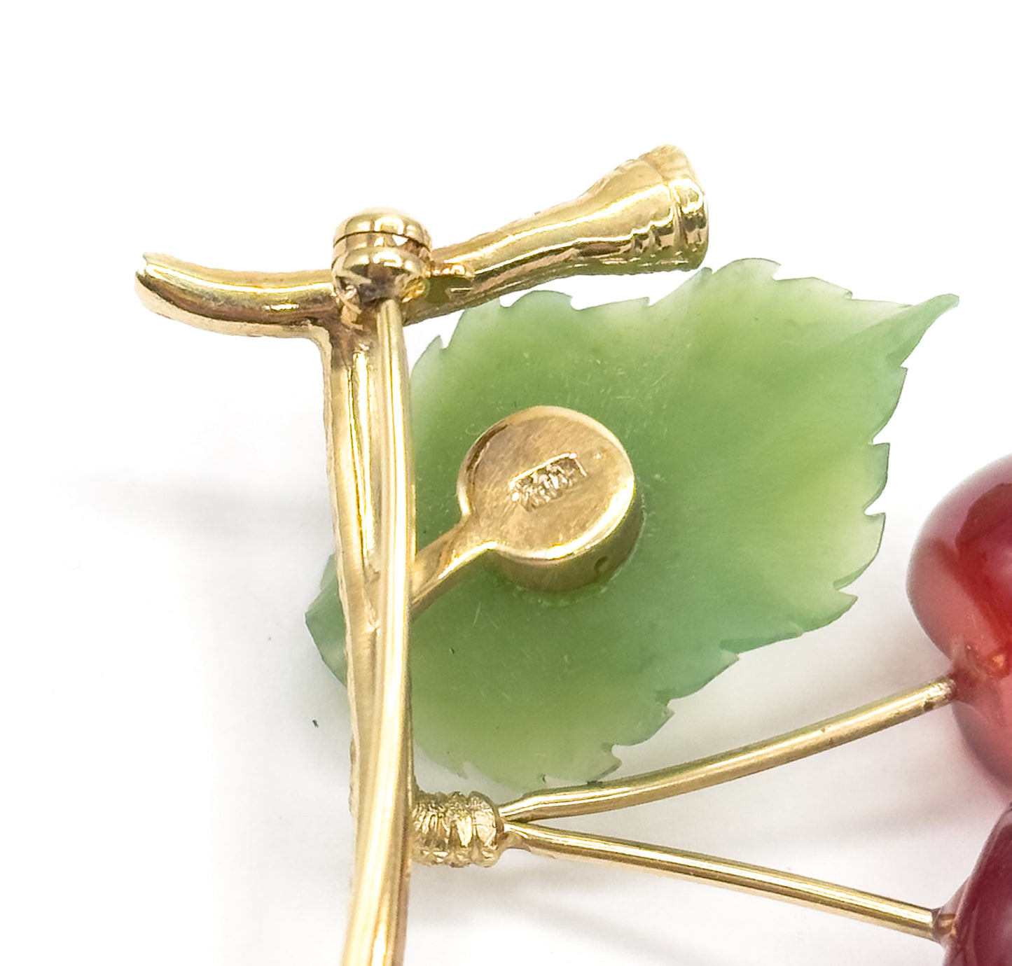 Vintage Agate & Nephrite Cherries Brooch in 10K Gold
