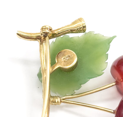 Vintage Agate & Nephrite Cherries Brooch in 10K Gold