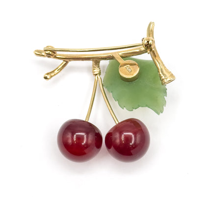 Vintage Agate & Nephrite Cherries Brooch in 10K Gold