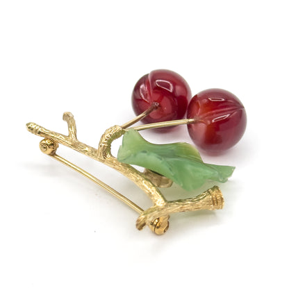 Vintage Agate & Nephrite Cherries Brooch in 10K Gold