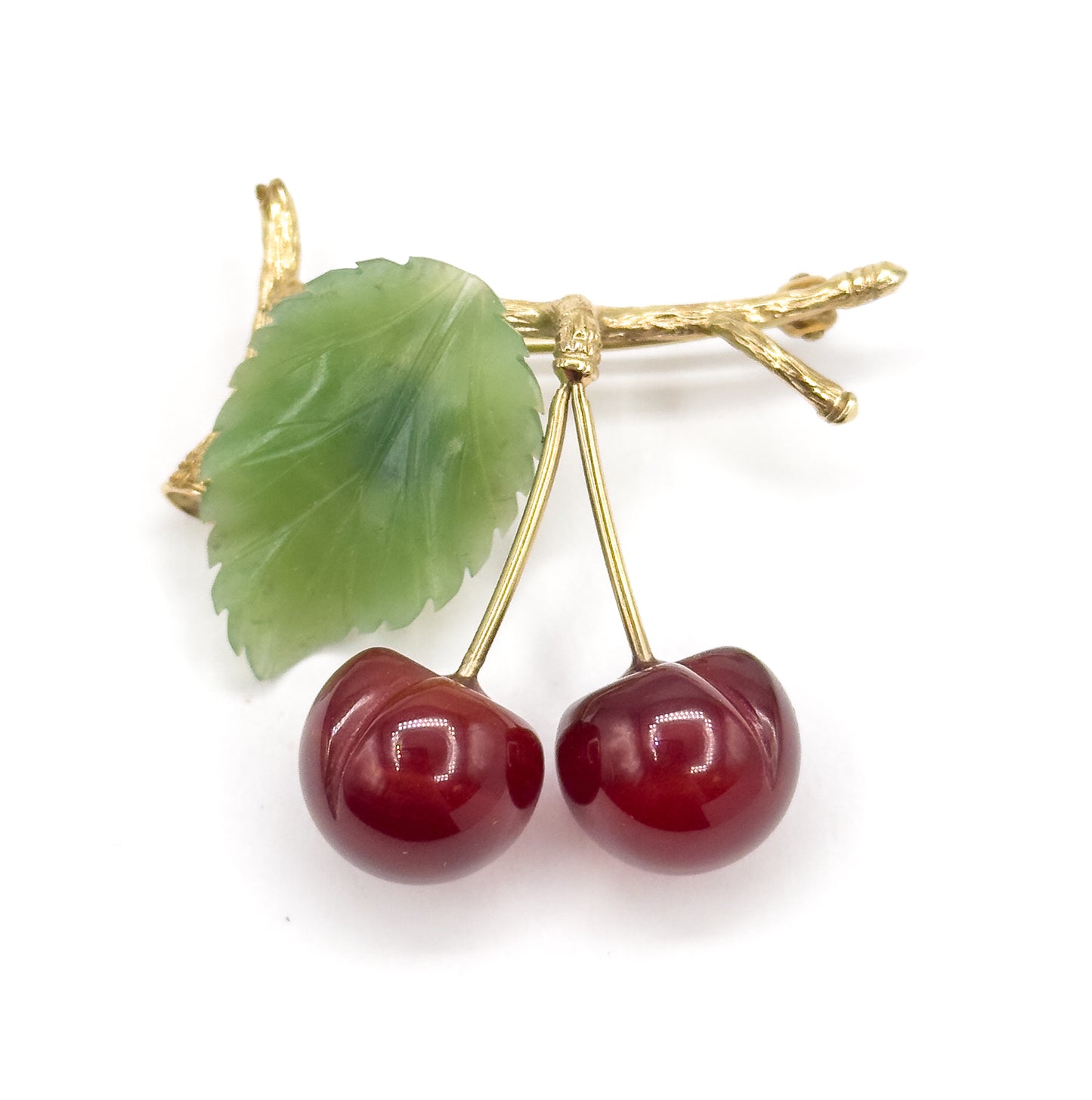 Vintage Agate & Nephrite Cherries Brooch in 10K Gold