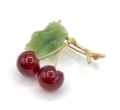 Vintage Agate & Nephrite Cherries Brooch in 10K Gold