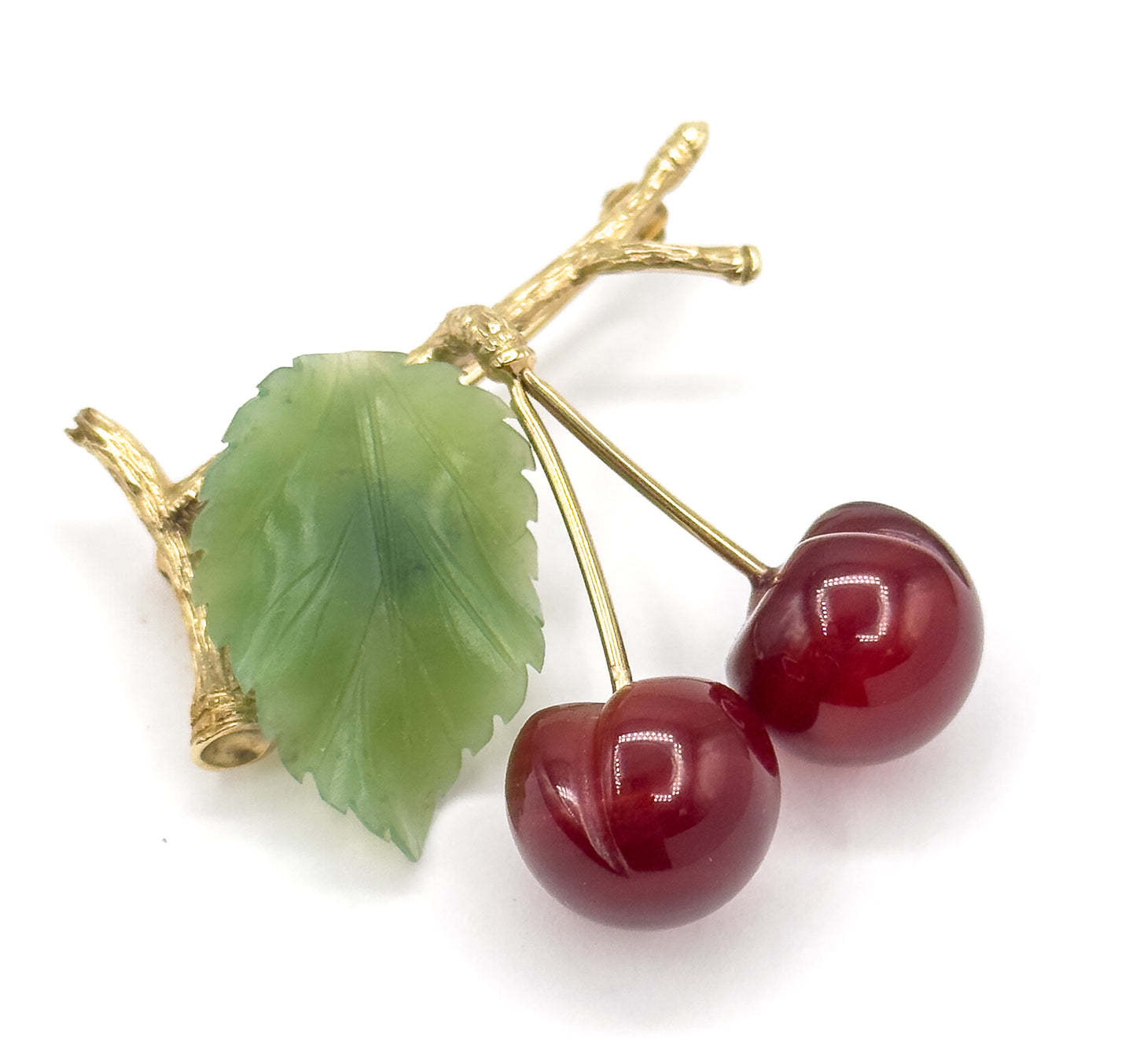 Vintage Agate & Nephrite Cherries Brooch in 10K Gold