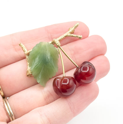 Vintage Agate & Nephrite Cherries Brooch in 10K Gold