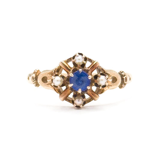 Antique Blue Paste & Seed Pearl Ring in 10K Gold