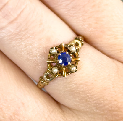 Antique Blue Paste & Seed Pearl Ring in 10K Gold