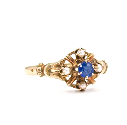 Antique Blue Paste & Seed Pearl Ring in 10K Gold
