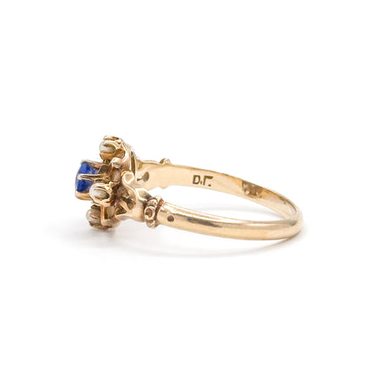 Antique Blue Paste & Seed Pearl Ring in 10K Gold