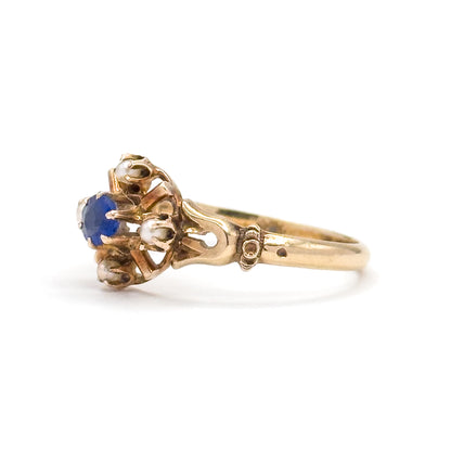 Antique Blue Paste & Seed Pearl Ring in 10K Gold