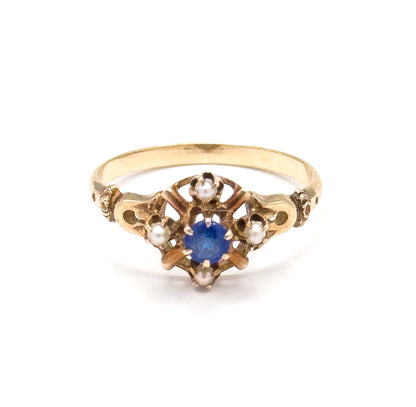 Antique Blue Paste & Seed Pearl Ring in 10K Gold