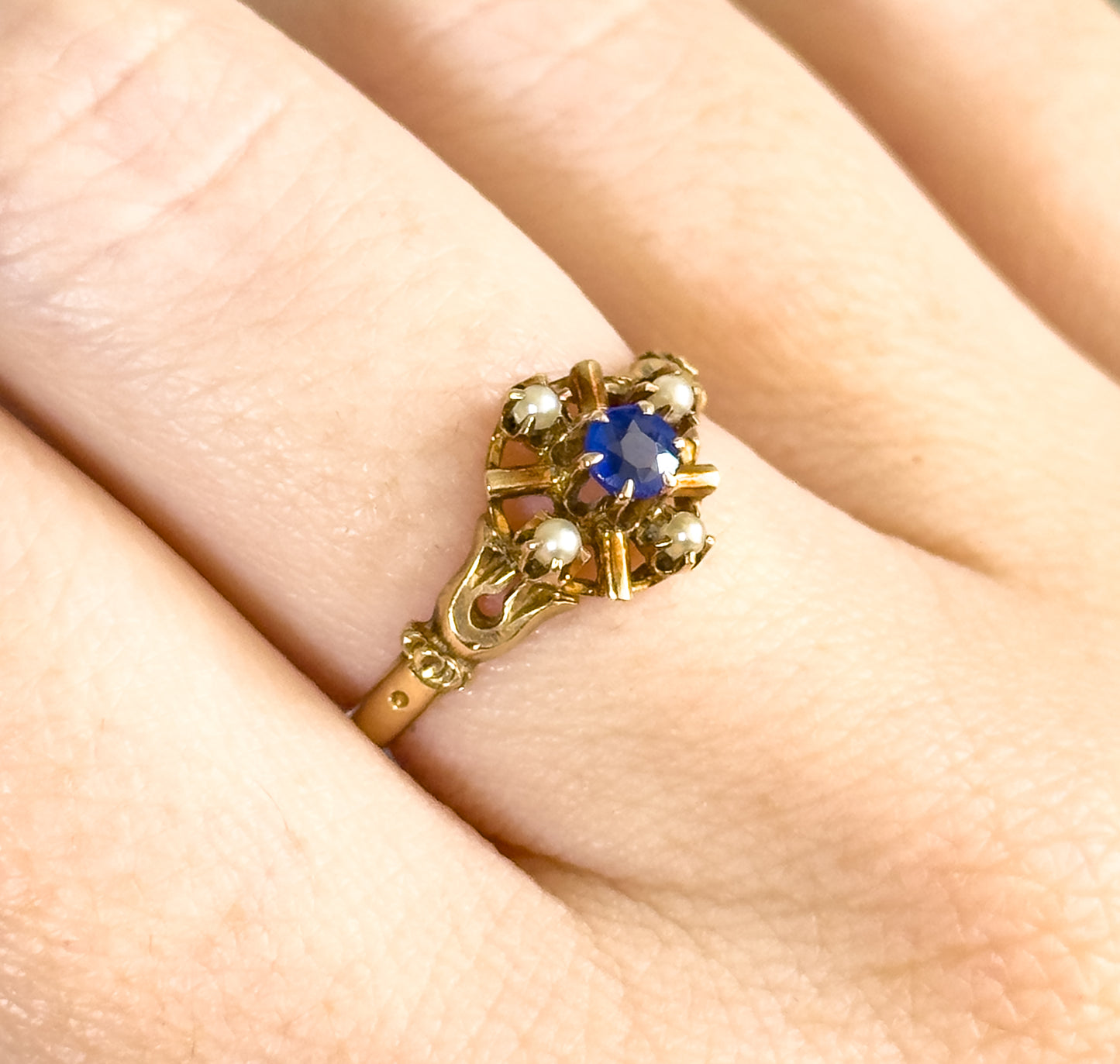 Antique Blue Paste & Seed Pearl Ring in 10K Gold