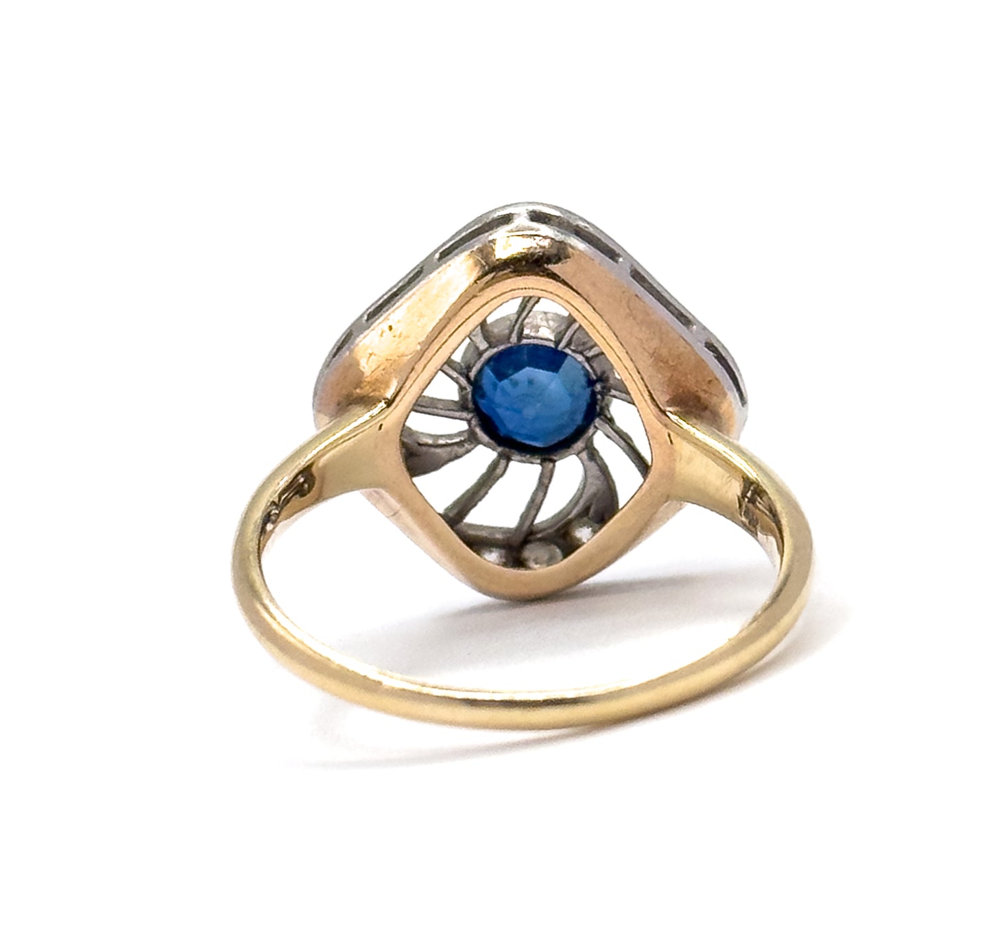 Antique Sapphire & Diamond Ring with Openwork Platinum on 14K Gold