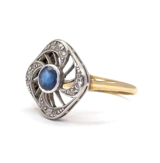 Antique Sapphire & Diamond Ring with Openwork Platinum on 14K Gold