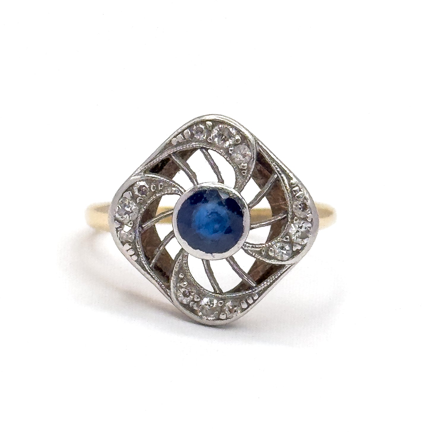 Antique Sapphire & Diamond Ring with Openwork Platinum on 14K Gold
