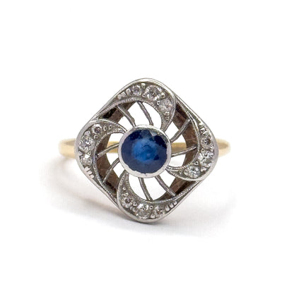Antique Sapphire & Diamond Ring with Openwork Platinum on 14K Gold