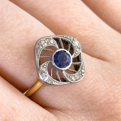 Antique Sapphire & Diamond Ring with Openwork Platinum on 14K Gold