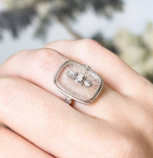 Art Deco Camphor Rock Crystal & Diamond Ring in 18K White Gold