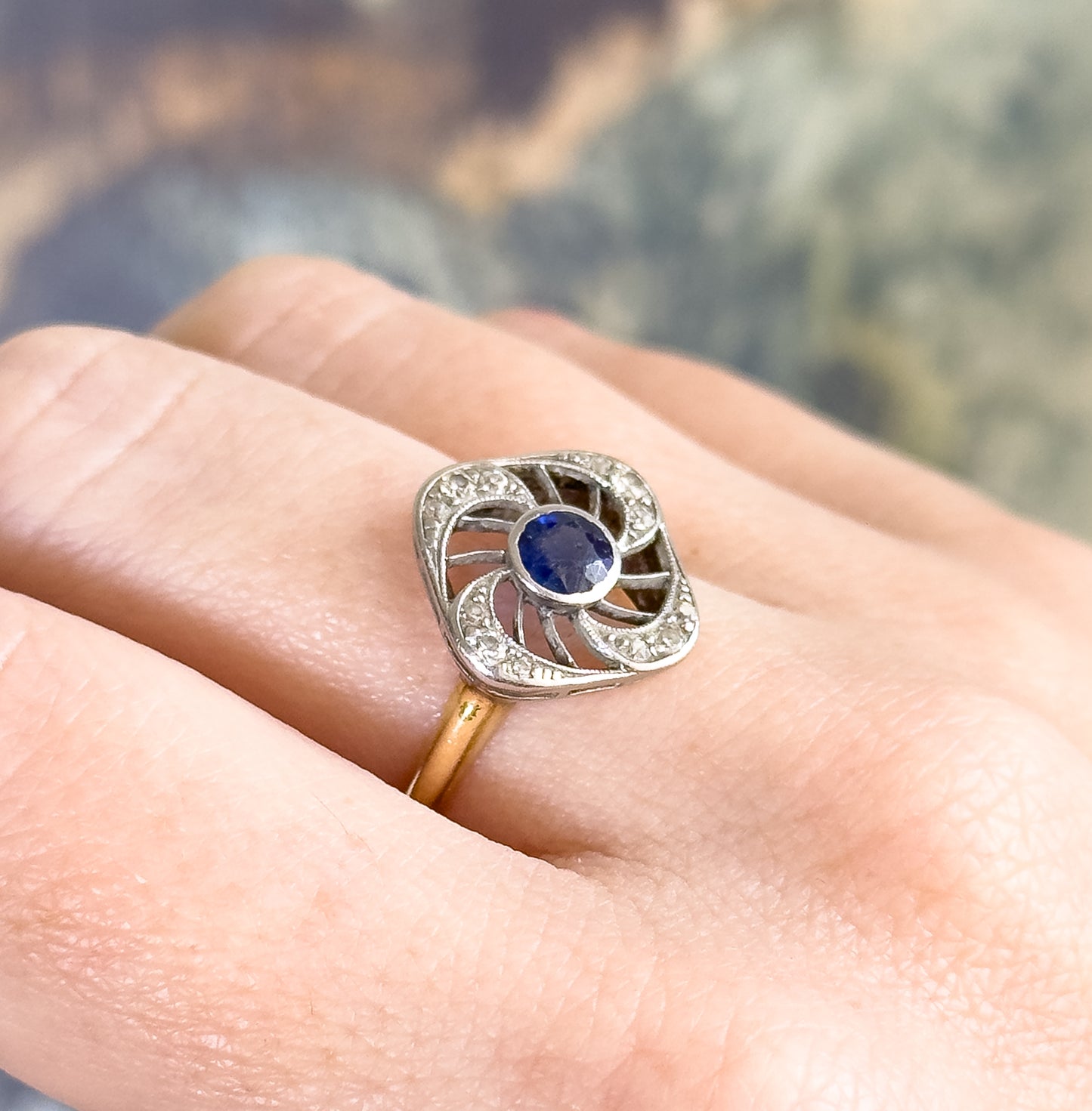 Antique Sapphire & Diamond Ring with Openwork Platinum on 14K Gold