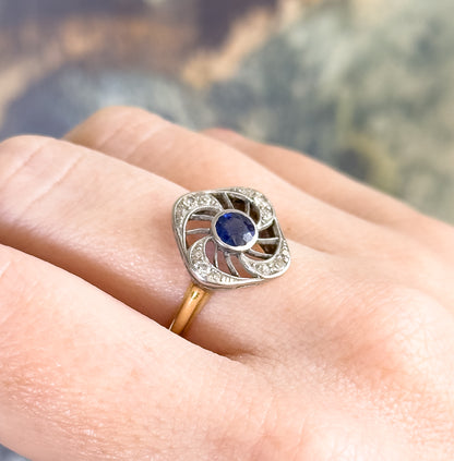 Antique Sapphire & Diamond Ring with Openwork Platinum on 14K Gold