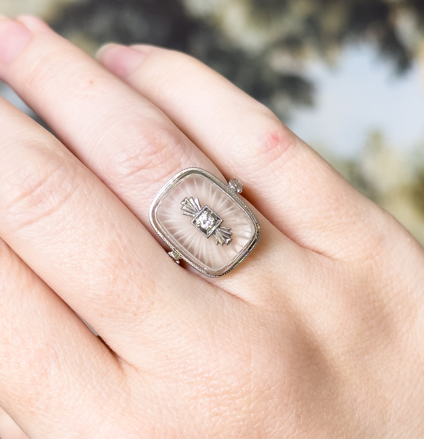Art Deco Camphor Rock Crystal & Diamond Ring in 18K White Gold