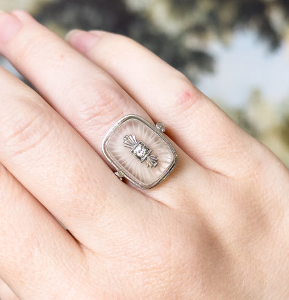 Art Deco Camphor Rock Crystal & Diamond Ring in 18K White Gold