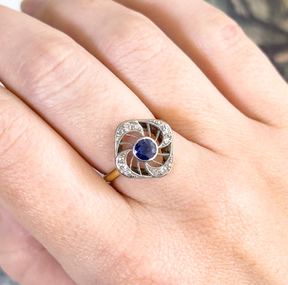 Antique Sapphire & Diamond Ring with Openwork Platinum on 14K Gold