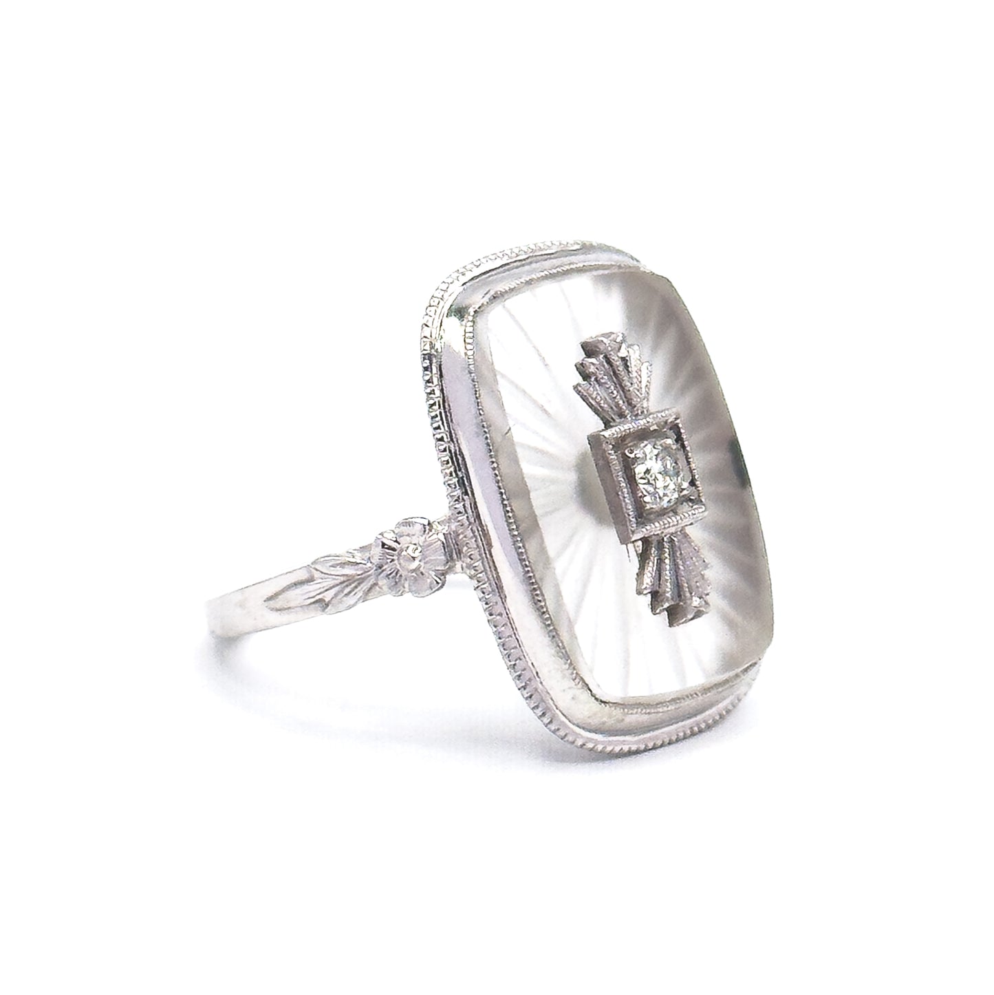 Art Deco Camphor Rock Crystal & Diamond Ring in 18K White Gold