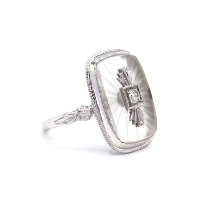 Art Deco Camphor Rock Crystal & Diamond Ring in 18K White Gold