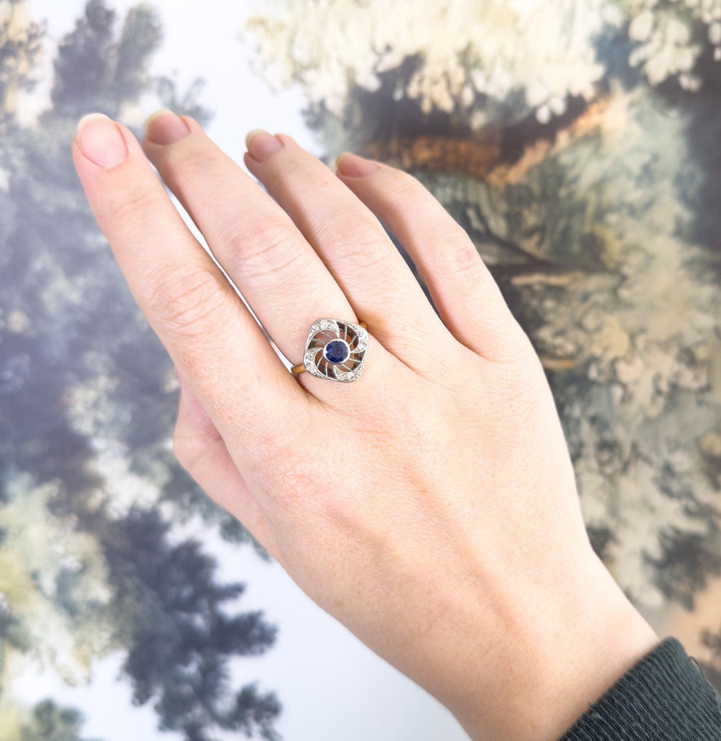Antique Sapphire & Diamond Ring with Openwork Platinum on 14K Gold