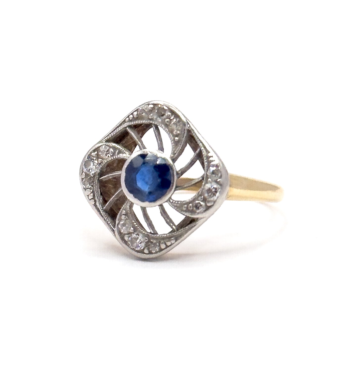 Antique Sapphire & Diamond Ring with Openwork Platinum on 14K Gold