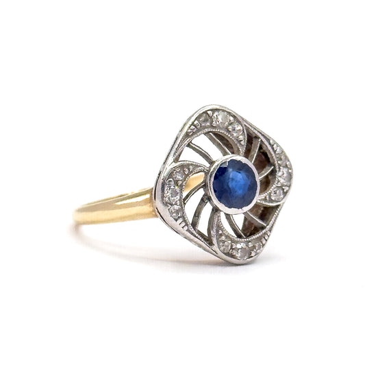 Antique Sapphire & Diamond Ring with Openwork Platinum on 14K Gold