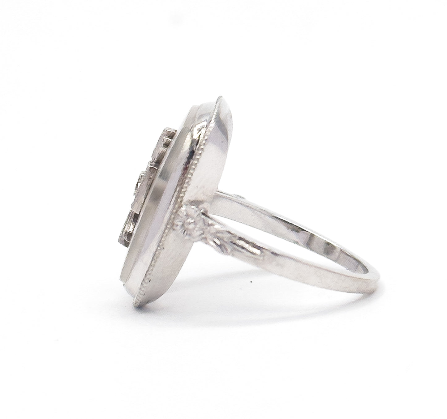 Art Deco Camphor Rock Crystal & Diamond Ring in 18K White Gold