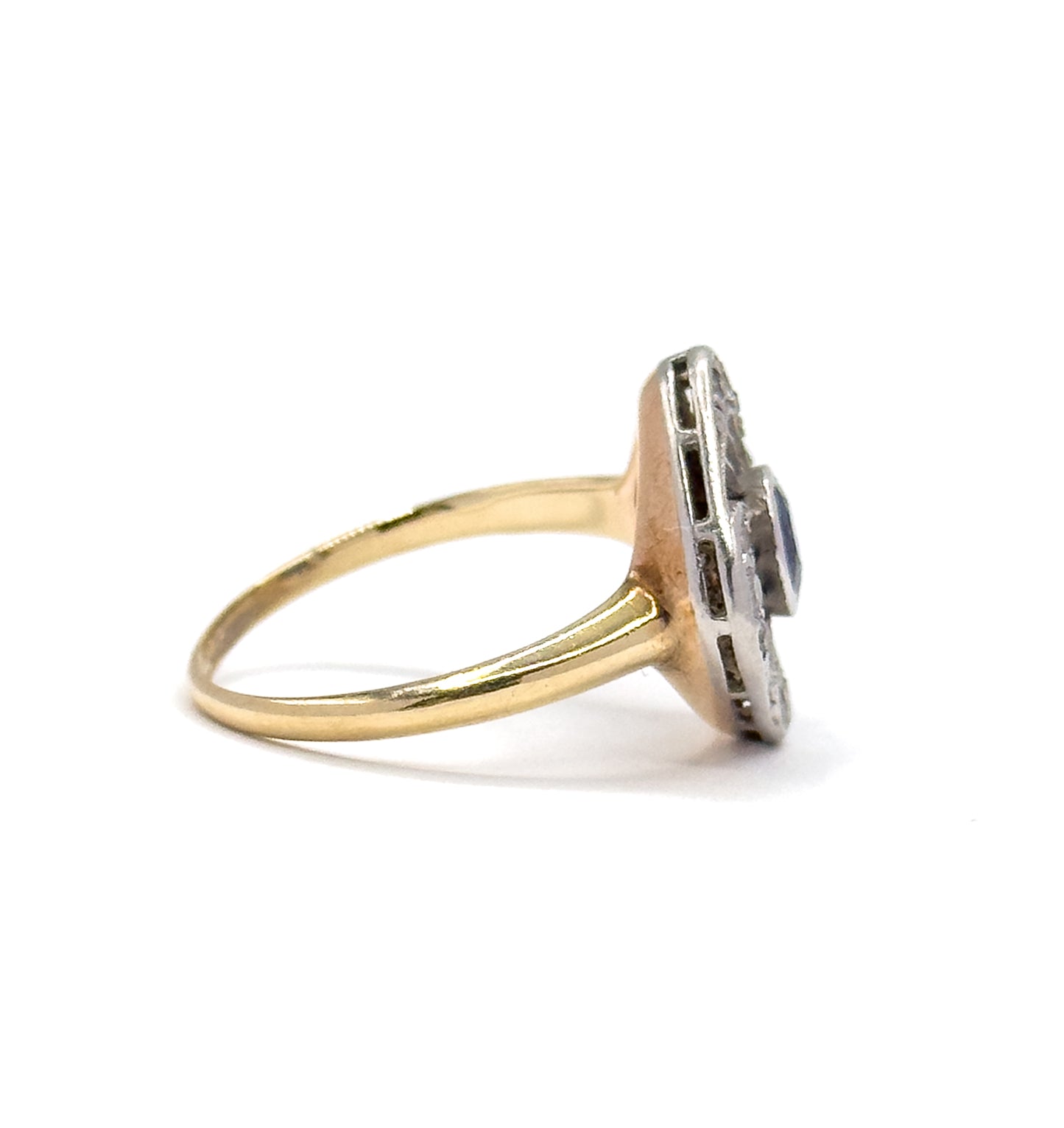 Antique Sapphire & Diamond Ring with Openwork Platinum on 14K Gold