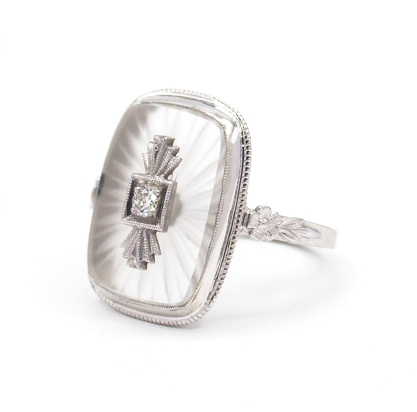 Art Deco Camphor Rock Crystal & Diamond Ring in 18K White Gold