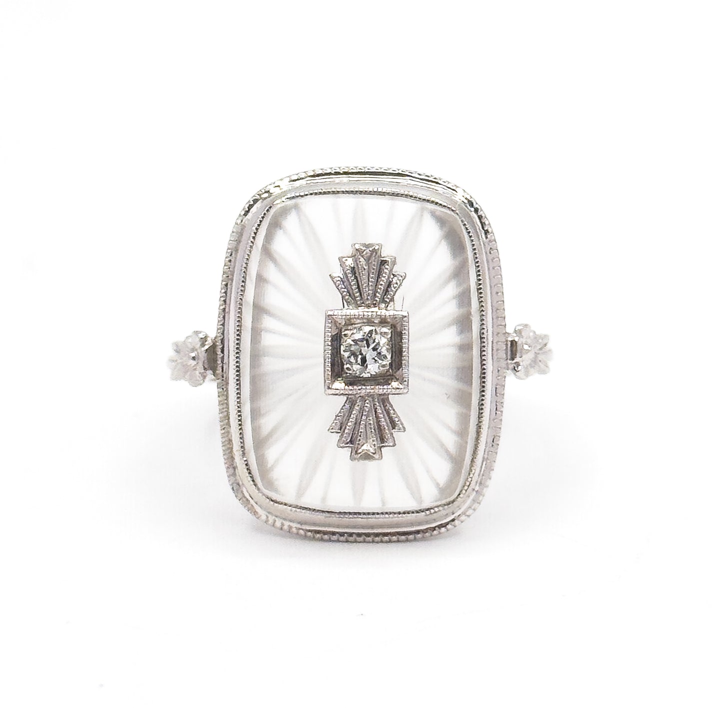 Art Deco Camphor Rock Crystal & Diamond Ring in 18K White Gold