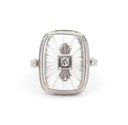 Art Deco Camphor Rock Crystal & Diamond Ring in 18K White Gold