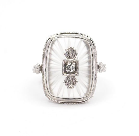 Art Deco Camphor Rock Crystal & Diamond Ring in 18K White Gold