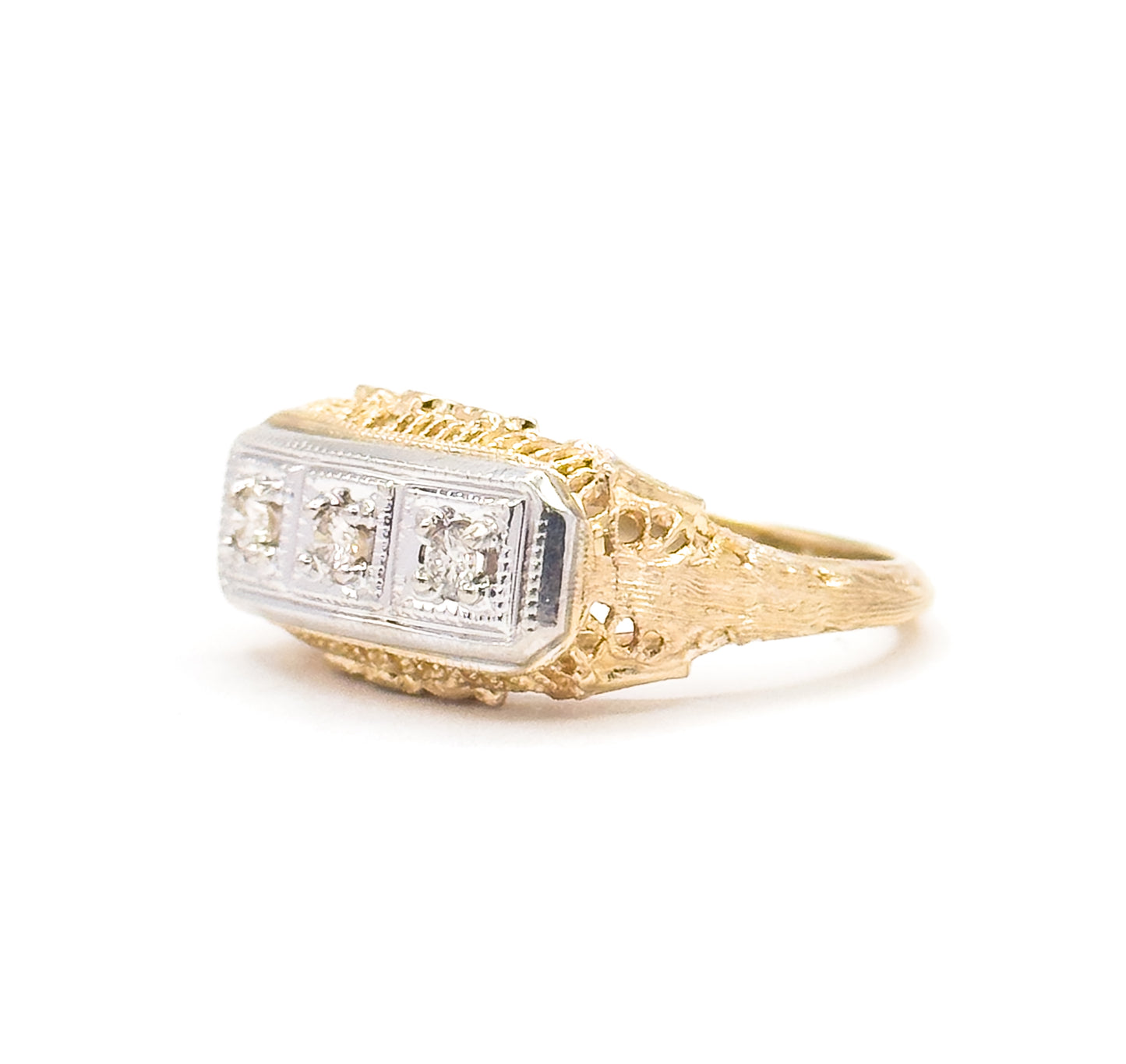 Vintage Art Deco Style Diamond Trilogy Ring in 14K Two Tone Gold