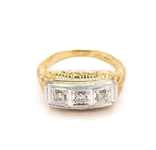Vintage Art Deco Style Diamond Trilogy Ring in 14K Two Tone Gold