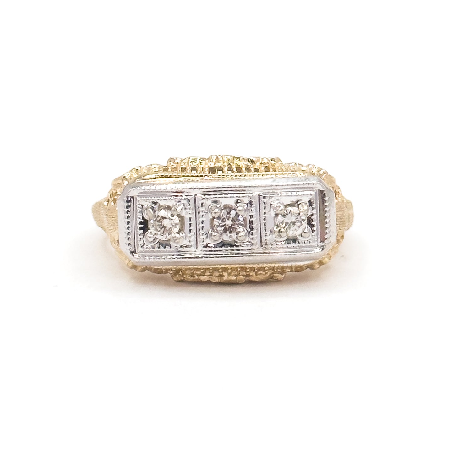 Vintage Art Deco Style Diamond Trilogy Ring in 14K Two Tone Gold